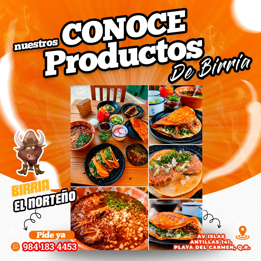 Gráfico para redes sociales con la variedad de productos de Birriería El Norteño