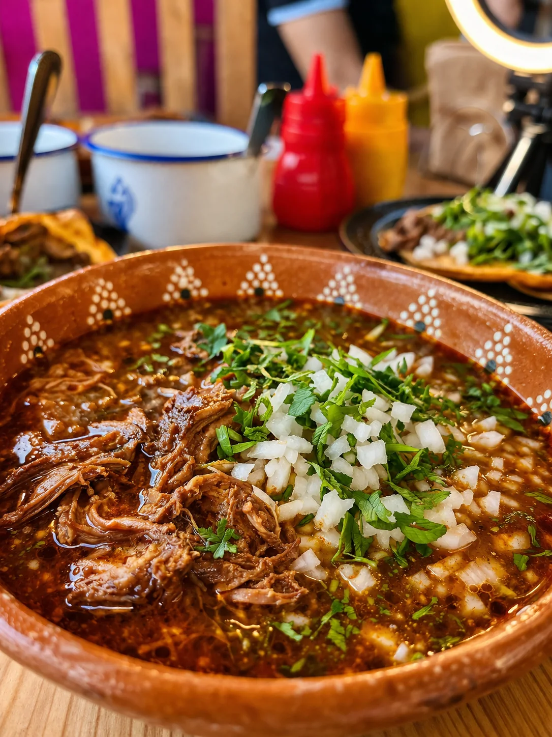 Fotografía gastronómica de birria servida en un plato de barro con cebolla y cilantro