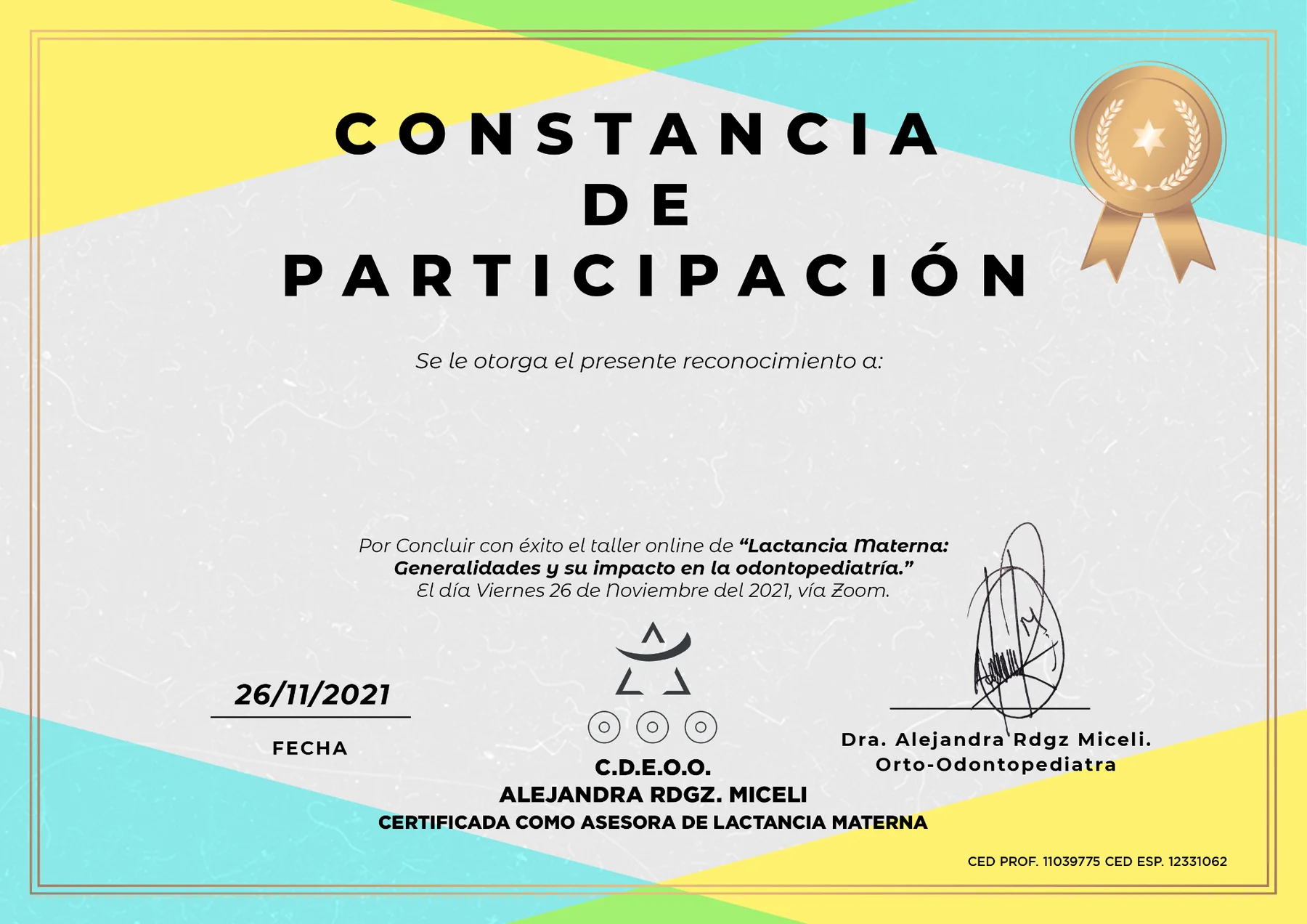 Diseño de certificado creado para la Dra. Alejandra Rodríguez Miceli
