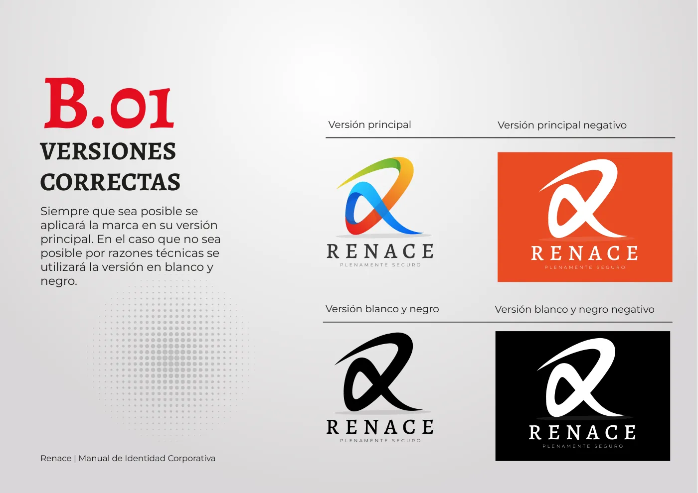Manual de identidad corporativa de RENACE, página  14: Versiones correctas del logotipo